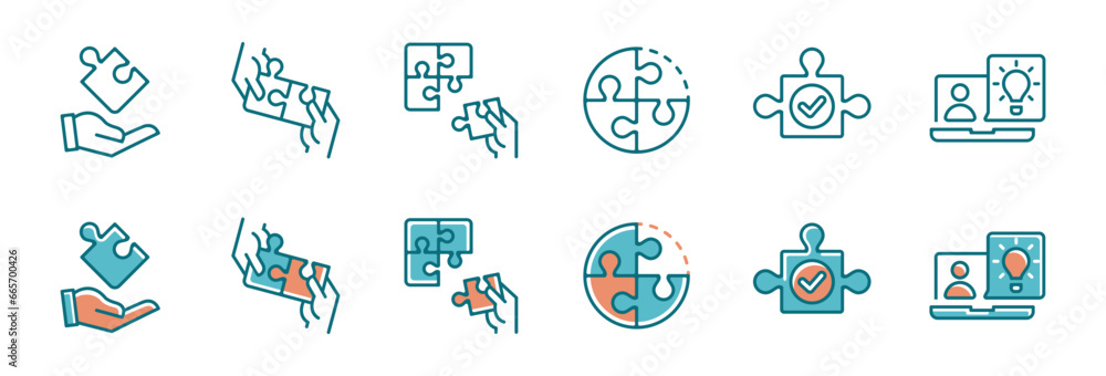 Leinwandbilder business objective puzzle challenge teamwork icon set jigsaw piece solution problem solving match fit vector illustration for web and app