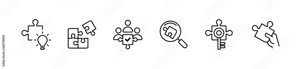 Poster business problem solving challenge jigsaw puzzle piece outline icon set creative idea solution strat
