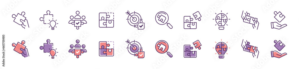 Poster collection of business challenge puzzle solution icon set strategy problem solving jigsaw match piece vector illustration teamwork innovation idea symbol design
