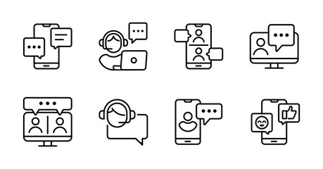 online conference business meeting digital communication icon set remote work office mobile video call vector illustration teamwork discussion symbol outline design - obrazy, fototapety, plakaty