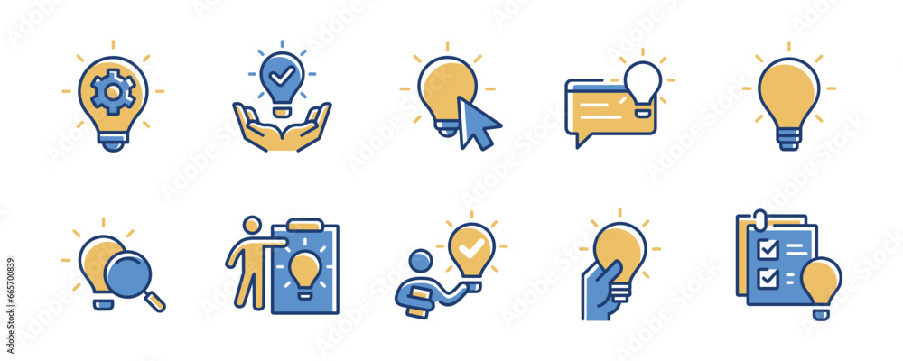 Poster set of light bulb creative idea icon vector. business solution innovation creativity inspiration thi
