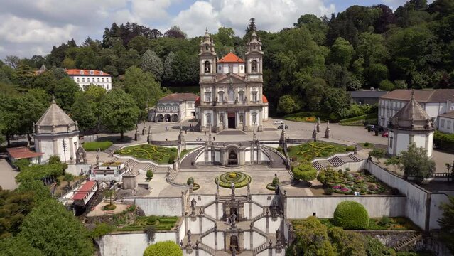 Aerial view of the historic Sanctuary of Bom Jesus do Monte church in Braga, northern Portugal.	
