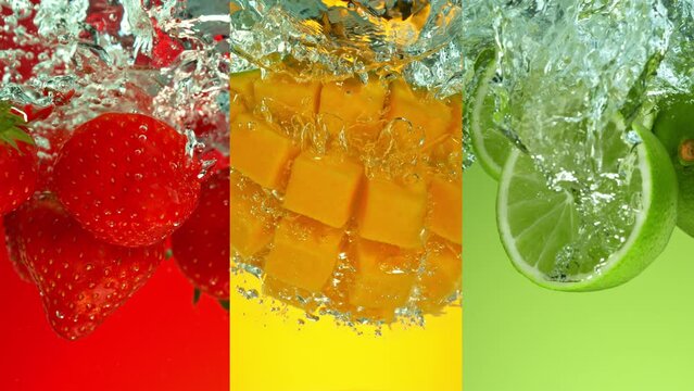 Super slow motion of falling fresh fruit into. Filmed on high speed cinema camera, 1000 fps.
