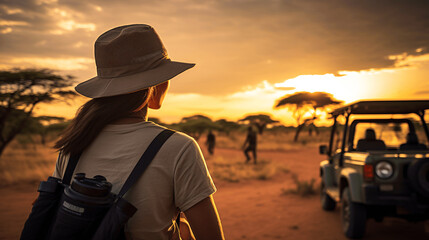 Back view of young woman in safari hat looking at sunset in Tsavo East, Kenya