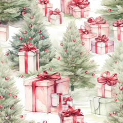 Seamless watercolor pattern for Christmas with Christmas Tree and Gift Box isolated on White Background.
