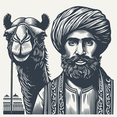 Arabian man with camel on a side. Vintage woodcut engraving style vector illustration isolated on white.
