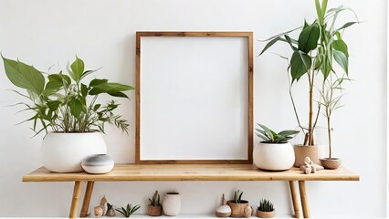 Stylish Room Interior with Mock-Up Photo Frame, Bamboo Shelf, Hipster Plant Pots, and Modern Floral...