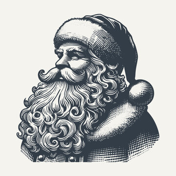 Santa Portrait. Vintage Woodcut Engraving Style Hand Drawn Vector Illustration.