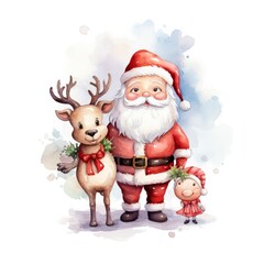 Cute Santa Claus standing with reindeer.