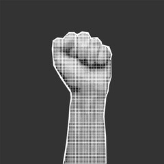 Halftone collage element of fist raised to the sky isolated on a dark background. Tin hand, symbol of struggle cut out of paper.