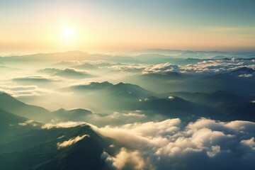 View from above amidst clouds and mountains during sunrise; ideal backdrop for air travel. Generative AI