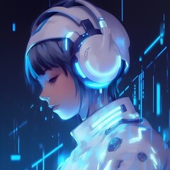 Сute anime girl in headphones on the background of the night city