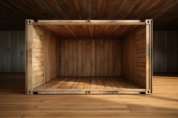 Conceptual rendering of a cargo container enclosed in a wooden box, representing delivery. Generative AI