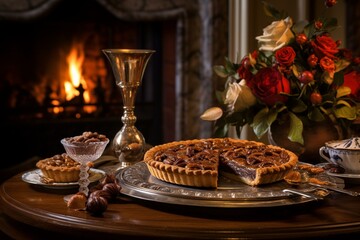 A mouthwatering pecan pie presented in a beautiful setting. Generative AI