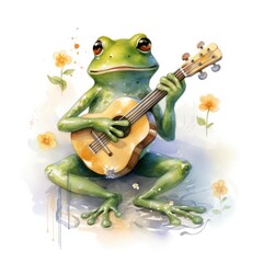 Watercolor green frog playing a tiny musical instrument on white background.