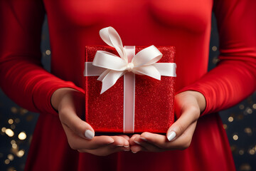 Gift of Love, A woman's hands delicately cradle a vibrant red gift box adorned with a pristine white bow