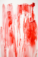 Red paint splashes. White background with flowing blood
