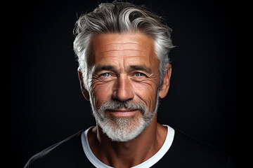 Obraz premium Closeup photo portrait of a handsome old mature man smiling with clean teeth. for a dental ad. guy with fresh stylish hair and beard with strong jawline. isolated on black background