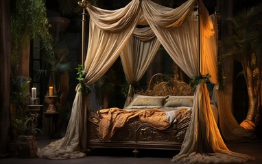 Draped Canopy Bed, canopy bed curtain. - obrazy, fototapety, plakaty