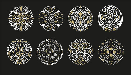 Decorative Round Ornament. Circle Gold and White Swirl Pattern - 665706403