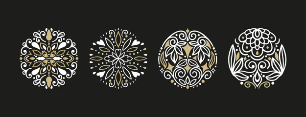 Decorative Round Ornament. Circle Gold and White Swirl Pattern