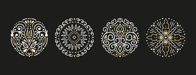 Decorative Round Ornament. Circle Gold and White Swirl Pattern