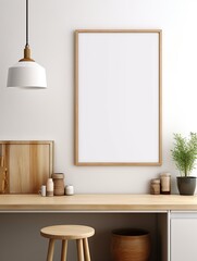 Fototapeta na wymiar Blank white a wooden frame mockup hanging on the wall. Minimalist style. Mockup template. Generative AI