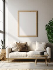 Blank white a wooden frame mockup hanging on the wall. Minimalist style. Mockup template. Generative AI