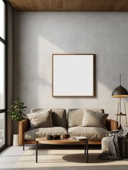 Blank white a wooden frame mockup hanging on the wall. Minimalist style. Mockup template. Generative AI
