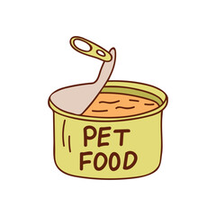 Pet food in conserve package colorful doodle illustration in vector
