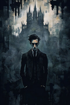 A haunting portrait of a person against a moody gothic backdrop.