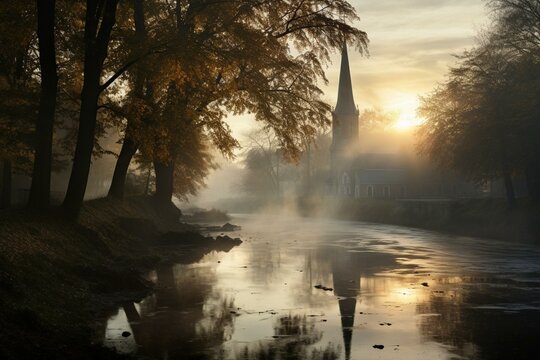 A picture of early morning by the river next to a place of worship. Generative AI