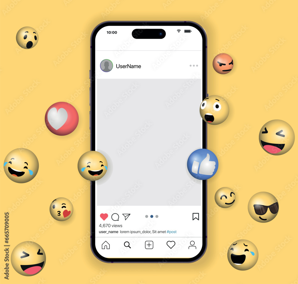 Fototapete Blank Social network post surrounded with floating elements on blue background. Social network post surrounded with floating elements. Modern minimal design. 3d vector illustration