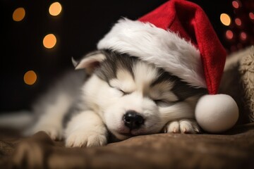 Fototapeta na wymiar Husky puppy sleeping with santa hat, Pets on Christmas eve, Cute Xmas pet photos for dog parents, 2023 holiday greeting celebration illustration