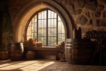 Fototapeta na wymiar Barrel in an ancient castle beside the window.