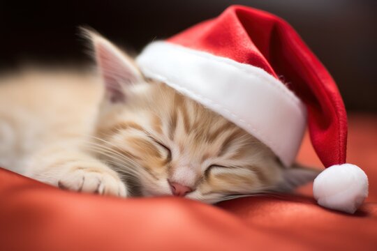 Cute kitten sleeping while wearing santa hat, Cute Xmas pet photos for cat parents, 2023 holiday greeting celebration illustration