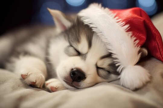 Husky puppy sleeping with santa hat, Pets on Christmas eve, Cute Xmas pet photos for dog parents, 2023 holiday greeting celebration illustration