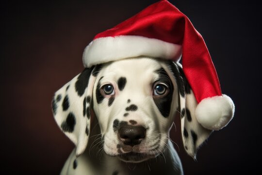 Dalmatian dog wearing santa hat on Christmas eve, Cute Xmas pet photos for dog parents, 2023 holiday greeting celebration illustration