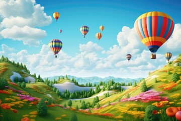 Landscape with colorful balloons Colorful air balloons flying over rainbow-colored air balloons