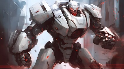 White armored heavy space robot in battle