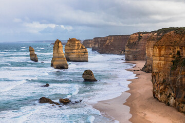 Wideangle view of Twelve Apostles rock formations near the Great Ocean Road, Victoria, Australia