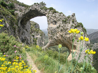 Els Arcs de Castell de Castells, natural wonder of the Marina Alta. Large natural arches, sculpted in the rock by the erosion of limestone materials in a natural environment of great beauty 