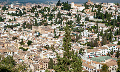 Aerial view of the city of Granada, Spain. Buildings of the old part of the city ,near the Alhambra
