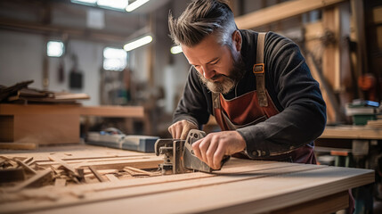 Carpenter working on wooden table in a carpentry workshop