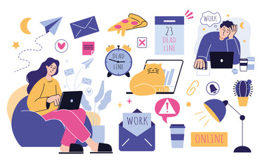 Designer character. Creative business. Happy woman with laptop on armchair. Tired man at table. Computer online work. Freelance people. Remote job. Office elements set. Vector illustration
