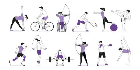 Sport person. Diverse people training. Fitness workout. Karate martial exercise. Woman practicing yoga. Girl balancing on Pilates ball. Man ride bicycle. Vector athletic characters set