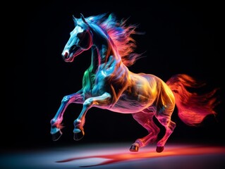 Obraz na płótnie Canvas neon rearing horse, epic composition