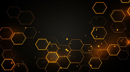 Abstract digital science technology geometric hexagonal pattern background with glowing yellow neon...