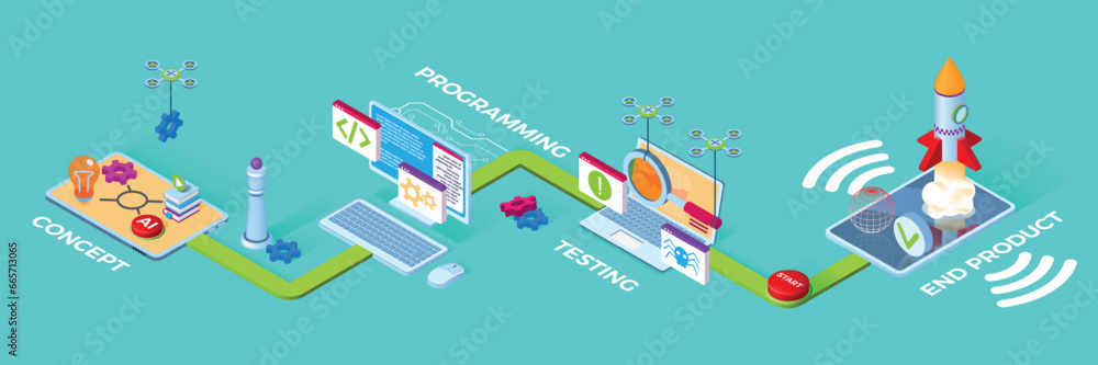 Poster Software icons. Digital program development process. 3D business web office for website or app programming. Application coding and testing. Project engineering. Vector isometric concept