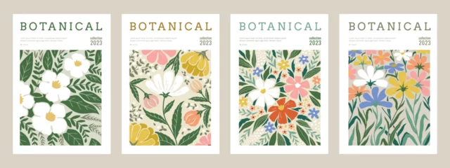 Schilderijen op glas Geschilderde Bloemen Flower posters. Abstract floral pattern, modern nature wall art graphic, vintage pastel painting. Different hand drawn botanical elements. Contemporary design. Summer spring vector background  © SpicyTruffel